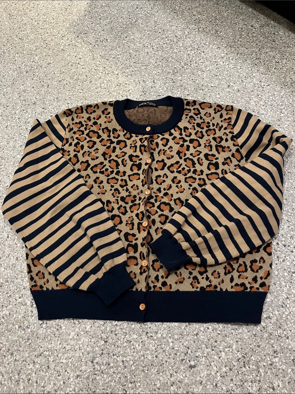 SHEIN Leopard Print Cardigan with Striped Sleeves in Tan and Black